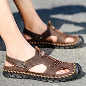 cheap Vacation Sandals-Men&#039;s Sandals Handmade Shoes Walking Casual Preppy Beach Outdoor Daily PU Breathable Comfortable Slip Resistant Slip-on Light Brown Dark Brown Black Summer Fall