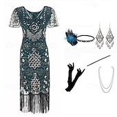 baratos Conjuntos-Retro Vintage Loucos anos 20 Anos 20 Vestido melindroso Roupa Vestido Coquetel O Grande Gatsby Convidado do casamento Paetês Franjas Mulheres Natal Carnaval Baile de Máscaras Festa / Noite Mascarilha