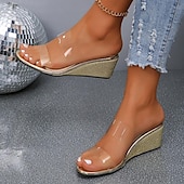 economico Sandali Casual-sandali con zeppa con cinturino trasparente da donna e tacchi dorati glitterati – eleganti scarpe estive per feste e uscite informali