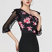 お買い得  ラテンダンスウェア-ラテンダンス 上着 捺染 スプライシング チュール 女性用 性能 訓練 ハーフスリーブ ハイウエスト ポリエステル