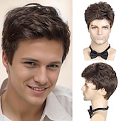 economico Parrucche uomo-parrucca marrone da uomo, parrucche marroni corte per uomo parrucca soffice a strati naturali parrucche quotidiane per ragazzi maschili con capelli sintetici realistici per Halloween