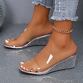 economico Sandali Casual-sandali con zeppa con cinturino trasparente da donna e tacchi dorati glitterati – eleganti scarpe estive per feste e uscite informali