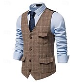 tanie Kamizelki-Męskie Kamizelka Biznes Codzienny Wesele Sukienka Wygodny Wiosna, jesień, zima, lato Poliester 95% poliester 5% spandex Pled / Check Zapinana z przodu na guziki W serek Regularny Czarny Khaki Szary