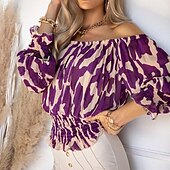 cheap Sexy Tops-Women&#039;s Shirt Blouse Casual Print Long Sleeve Regular Tops Off Shoulder Daily Purple Spring &amp; Summer
