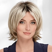 abordables perruque plus âgée-Perruque de mode pour femmes cheveux synthétiques blond clair perruques courtes perruque droite perruques synthétiques naturelles moelleuses pour un usage quotidien de fête
