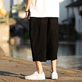 baratos Retrô-Homens Calças de linho Calças Capri Calça verão Calças de praia Bolsos Com Cordão Cintura elástica Tecido Conforto Respirável Comprimento da panturrilha Férias Diário Feriado Havaiana Boho Preto