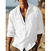abordables Vacances-Homme Chemise Chemise en lin et coton Chemisette Chemise d'été Tenues de plage Chemise décontractée Chemise boutonnée Plein Vacances Curise Noir Blanche Bleu clair manche longue Revers Printemps été