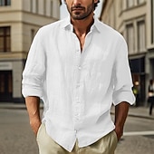 economico Strada-Per uomo Camicia in cotone e lino Semplice Vacanza Nero Bianco Rosa Azzurro cielo Manica Lunga Collo ripiegato Abbigliamento