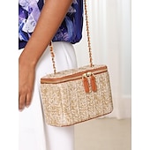 cheap Handbag &amp; Totes-Women&#039;s Shoulder Bag Box Bag Straw Bag Straw Party Holiday Beach Chain Flower Large Capacity Solid Color Color Block Dark Brown Black White