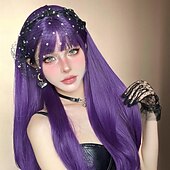 baratos Perucas Sintéticas sem Touca-Peruca sintética feminina de 26 polegadas, roxo, azul, longo, ondulado, moda diária, festa, cosplay