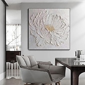 billiga Blom- och växtmålningar-3d stor handmålad vit blomma oljemålning på duk handgjord akrylmålning handgjord tung texturerad målning abstrakt landskap oljemålning väggkonst blommig väggdekor målning