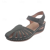 abordables Sandales Décontractées-Sandales compensées rétro pour femmes, couleur unie, bout fermé, chaussures découpées, sandales décontractées à bride arrière, noir, bleu, orange
