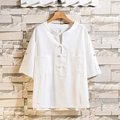economico Casual da lavoro-Per uomo Camicia Camicia di lino Camicia con colletto cinese Camicia con colletto alla coreana Camicia popover Camicia casual Semplice Vacanza Streetwear Nero Bianco Grigio Manica Corta Collo alla