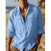 abordables Vacances-Homme Chemise Chemise en lin et coton Chemisette Chemise d'été Tenues de plage Chemise décontractée Chemise boutonnée Plein Vacances Curise Noir Blanche Bleu clair manche longue Revers Printemps été