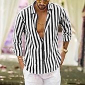 preiswerte Business Casual-Herren Hemd Leinenhemd Sommerhemd Freizeithemd Strandhemd Knopfhemd Gestreift Urlaub Ferien Schwarz Gelb Rosa Rot Langarm Umlegekragen Frühling &amp; Herbst Bekleidung Button-Down