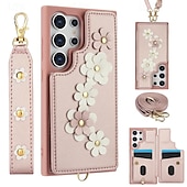 baratos Capa Samsung-telefone Capinha Para Samsung Galaxy S24 Ultra Plus S23 Ultra Plus S22 Plus Ultra A55 A35 A25 A15 5G A54 A34 A14 S25 Ultra Capa traseira Com Suporte Magnética com cordão Retro flor floral TPU Couro PU