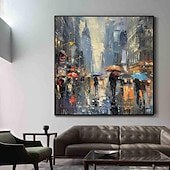 levne Abstraktní malby-chodec s deštníky v deštivém městě malba olejomalba ručně malovaná deštivé město olejomalba ručně vyráběná panoráma města umění městská malba plátno domácí dekorace natažený rám připravený k zavěšení