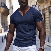 cheap Cotton Linen T-shirts-Men&#039;s T Shirt Moisture Wicking Shirts Short Sleeve V Neck Plain Sports Basic Casual Casual Light Blue Black White Top Tee for Men
