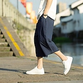 baratos Retrô-Homens Calças de linho Calças Capri Calça verão Calças de praia Bolsos Com Cordão Cintura elástica Tecido Conforto Respirável Comprimento da panturrilha Férias Diário Feriado Havaiana Boho Preto