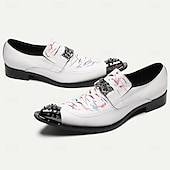 billiga Premium läder Loafers-loafers i punkstil i premiumkoskinn för män - slip-on skor med konstnärligt tryck med dekorativt spänne och spetsad metalltåhätta
