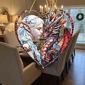 billige veggskulpturer-dragejente hjerteformet akrylskilt - solfanger  &amp; skygge farget glass vindu hengende perfekt gave til mor  &amp; venner fargerik veggkunst for hageveranda hjemmeinnredning (8x8cm)