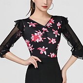 お買い得  ラテンダンスウェア-ラテンダンス 上着 捺染 スプライシング チュール 女性用 性能 訓練 ハーフスリーブ ハイウエスト ポリエステル