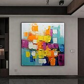 お買い得  抽象画-キャンバスに手描きのカラーブロック抽象油絵、カラフルな絵画、現代抽象芸術油絵、手作りのファンタジー絵画、テクスチャ絵画、パトルナイフ油絵