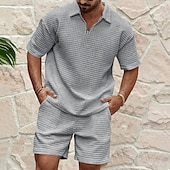 cheap Men&#039;s Basic Tees sets-Men&#039;s Waffle Henley Shirt T-shirt Suits Tracksuit Tennis Shirt Short Sleeves Polo Collar Summer Solid Color Drawing Gymnatics Casual Zipper 2 Piece Vacation Daily Wear Activewear Army Green Black