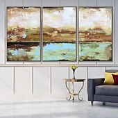 baratos Pinturas Abstratas-grande artesanal bege turquesa paisagem pintura em folha de ouro pinturas a óleo tríptico abstratas feitas à mão sobre tela arte de parede de grandes dimensões ste de 3 pintura a óleo para sala de