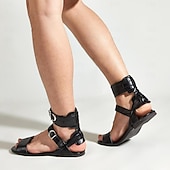 cheap Vacation Sandals-Men&#039;s Black Gladiator Sandals – Faux Leather Ankle Strap Flat Sandals with Buckle Closure for Summer Fashion, Beachwear, and Festivals