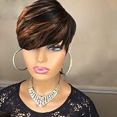 baratos Perucas capless de cabelo natural-perucas onduladas em camadas pixie pretas com marrom f1b / 30 cores perucas curtas encaracoladas sem cola peruca de corte pixie cabelo humano perucas curtas de cabelo humano para mulheres negras