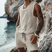 cheap Men&#039;s Basic Tees sets-Men&#039;s T-shirt Suits 2 Piece Summer Tracksuit Set Casual Sleeveless Suit Crew Neck Summer Knitwear Bohemia Vacation Knitted Vacation Black Brown Beige Top Tee for Men