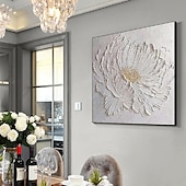 billiga Blom- och växtmålningar-3d stor handmålad vit blomma oljemålning på duk handgjord akrylmålning handgjord tung texturerad målning abstrakt landskap oljemålning väggkonst blommig väggdekor målning