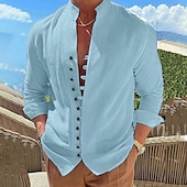 billiga Semester-Herr Skjorta linneskjorta Sommarskjorta Casual skjorta Knapp upp skjorta Slät Semester Curise Svart Vit Rodnande Rosa Blå Långärmad Bandkrage Sommar Vår &amp; Höst Kläder