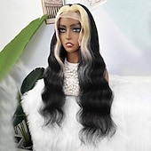 economico Parrucche lace front capelli veri-Parrucca frontale in pizzo colorato 13x4 1b/613 con parte libera, capelli brasiliani ondulati, densità 150% per donne nere, 10-28 pollici