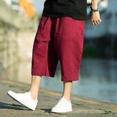 baratos Retrô-Homens Calças de linho Calças Capri Calça verão Calças de praia Bolsos Com Cordão Cintura elástica Tecido Conforto Respirável Comprimento da panturrilha Férias Diário Feriado Havaiana Boho Preto