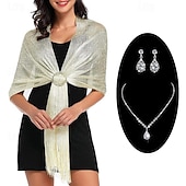 cheap Wedding Guest Wraps-Glamorous Metallic Shawls with Tassel Wedding Guest Wraps and Round Buckle - Perfect for Evening Parties &amp; Weddings With Bridal Jewelry Sets 1 set