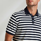 preiswerte Herren Elite Polo-Herren Polo Strick-Polopullover Geschäft Lässig Revers Kurzarm Modern Formell Gestreift Horizontale Streifen Knöpfe Sommer Marineblau Polo