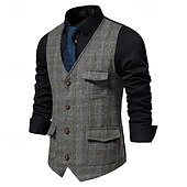 tanie Kamizelki-Męskie Kamizelka Biznes Codzienny Wesele Sukienka Wygodny Wiosna, jesień, zima, lato Poliester 95% poliester 5% spandex Pled / Check Zapinana z przodu na guziki W serek Regularny Czarny Khaki Szary