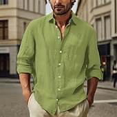 economico Strada-Per uomo Camicia in cotone e lino Semplice Vacanza Nero Bianco Rosa Azzurro cielo Manica Lunga Collo ripiegato Abbigliamento