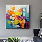 お買い得  抽象画-キャンバスに手描きのカラーブロック抽象油絵、カラフルな絵画、現代抽象芸術油絵、手作りのファンタジー絵画、テクスチャ絵画、パトルナイフ油絵