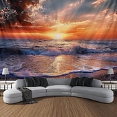 お買い得  オーシャンビーチのタペストリー-壁のタペストリーアートの装飾毛布カーテンピクニックテーブルクロスぶら下げ家の寝室のリビングルーム寮の装飾風景ビーチ海海波日の出日没バラ色の雲