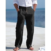 cheap Holiday-Men&#039;s Linen Pants Trousers Summer Pants Beach Pants Front Pocket Straight Leg Plain Comfort Breathable Business Casual Daily Fashion Basic Black White