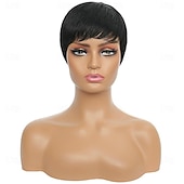 economico Parrucche di capelli veri senza cuffia-parrucche corte per capelli umani parrucche pixie cut con frangia parrucche ondulate a strati per donne nere