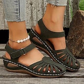 abordables Sandales Décontractées-Sandales compensées rétro pour femmes, couleur unie, bout fermé, chaussures découpées, sandales décontractées à bride arrière, noir, bleu, orange
