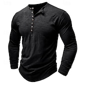 cheap Casual Henley Tee-100% Cotton Men&#039;s Henley Shirt Tee Top Long Sleeve Shirt Long Sleeve Solid Color Fashion Daily Buttons Henley Outdoor Casual Summer Dark Brown Dark Grey Black Henley T-Shirt