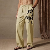Men's Summer Pants Elastic Waist Animal Wolf Comfort Full Length Outdoor Streetwear Vacation Hawaiian Black White Micro-elastic 11