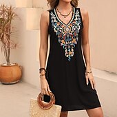 abordables Robes Bohémiennes-Femmes Mini Robe Robe Décontractée Mode Moderne Robe élégante Mancheron Mariage Quotidien Date Coupe régulière Fleuri Broderie Sans manches Col en V Noir Été
