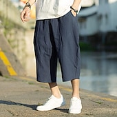 baratos Retrô-Homens Calças de linho Calças Capri Calça verão Calças de praia Bolsos Com Cordão Cintura elástica Tecido Conforto Respirável Comprimento da panturrilha Férias Diário Feriado Havaiana Boho Preto