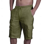 baratos Clássico-Homens Bermuda Cargo Calção Shorts de linho Shorts de verão Shorts de praia Com Cordão Cintura elástica Bolso multi Tecido Comprimento do joelho Praia Havaiana Casual Preto Branco Sem Elasticidade